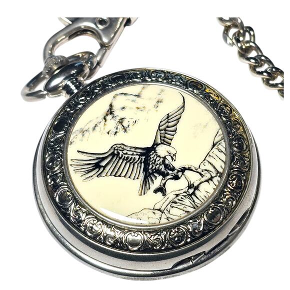 Soaring Eagle Pocket Watch Silver Tone Quartz Chain Works New Battery Japan Mvmt - Picture 4 of 5